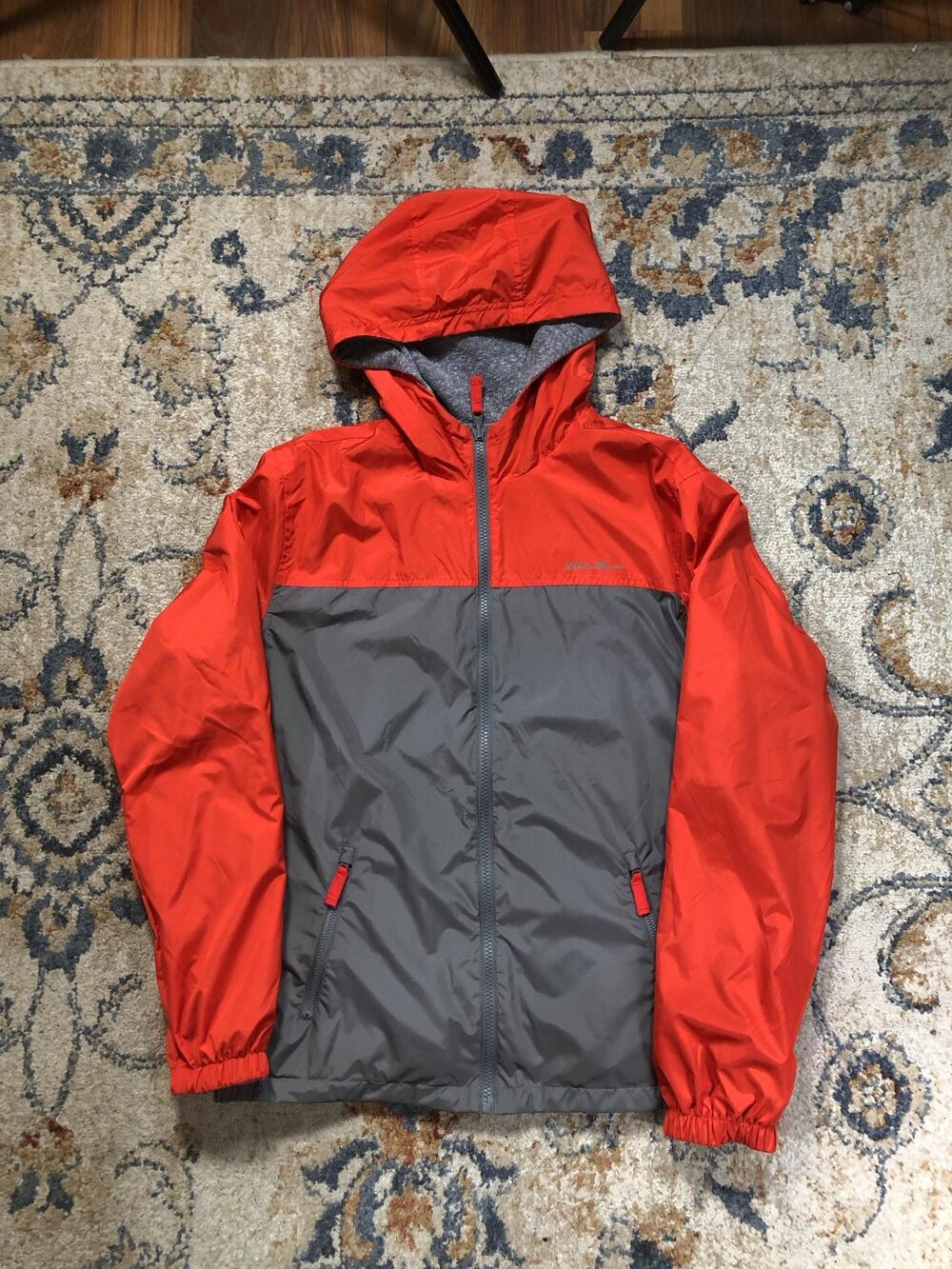 Eddie Bauer Jacket Mens Medium Gray Red Hooded Windbreaker Full Zip Lightweight